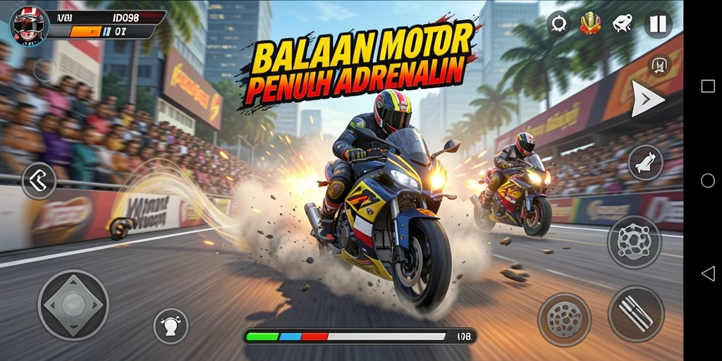Gameplay seru dengan balapan motor di trek menantang.