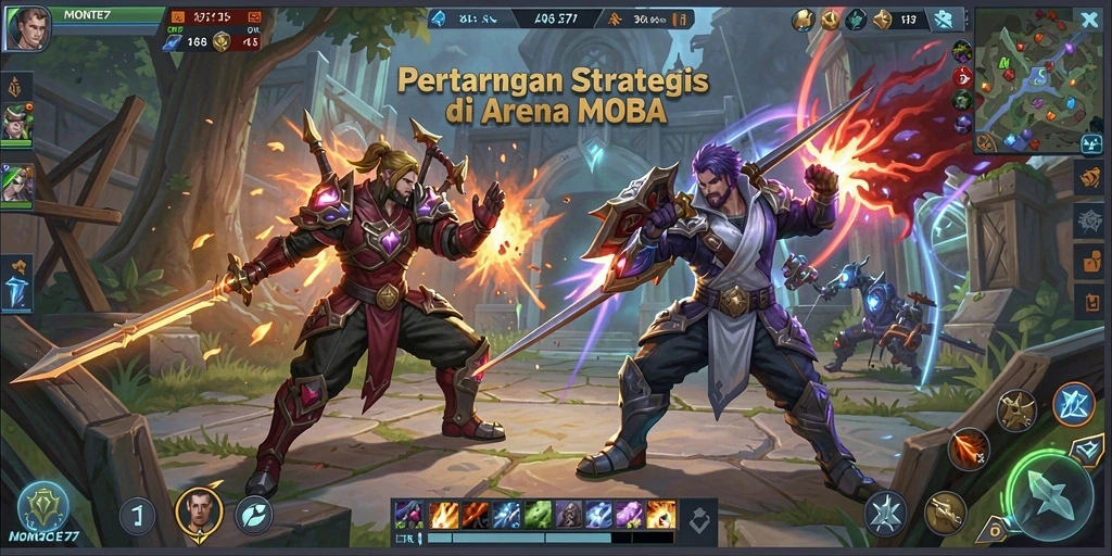Screenshot utama MONTE77 menampilkan aksi pertarungan MOBA yang intens.