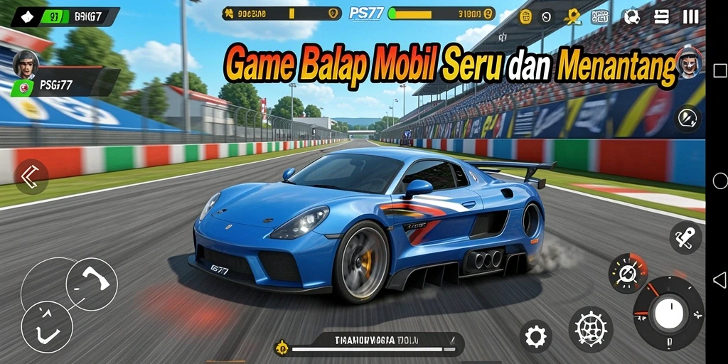 Tangkapan layar utama PSG77 menampilkan aksi balapan mobil yang mendebarkan.