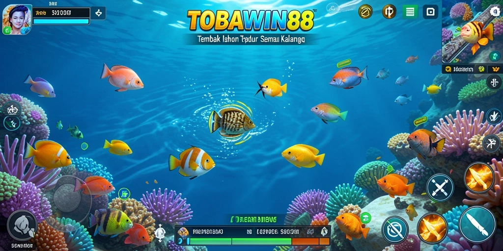 Tangkapan layar TOBAWIN88 yang menunjukkan aksi menembak ikan yang seru.