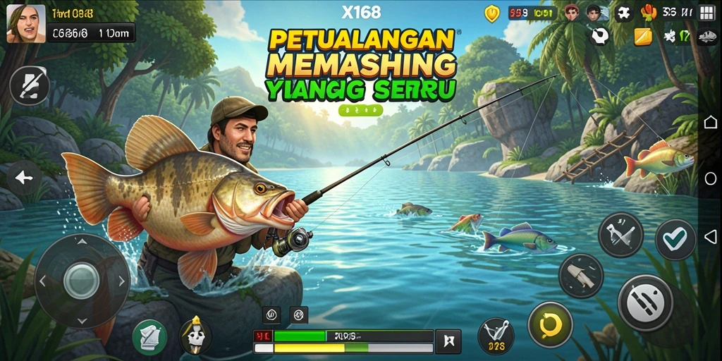 Tampilan gameplay X168 saat menangkap ikan di laut yang indah.